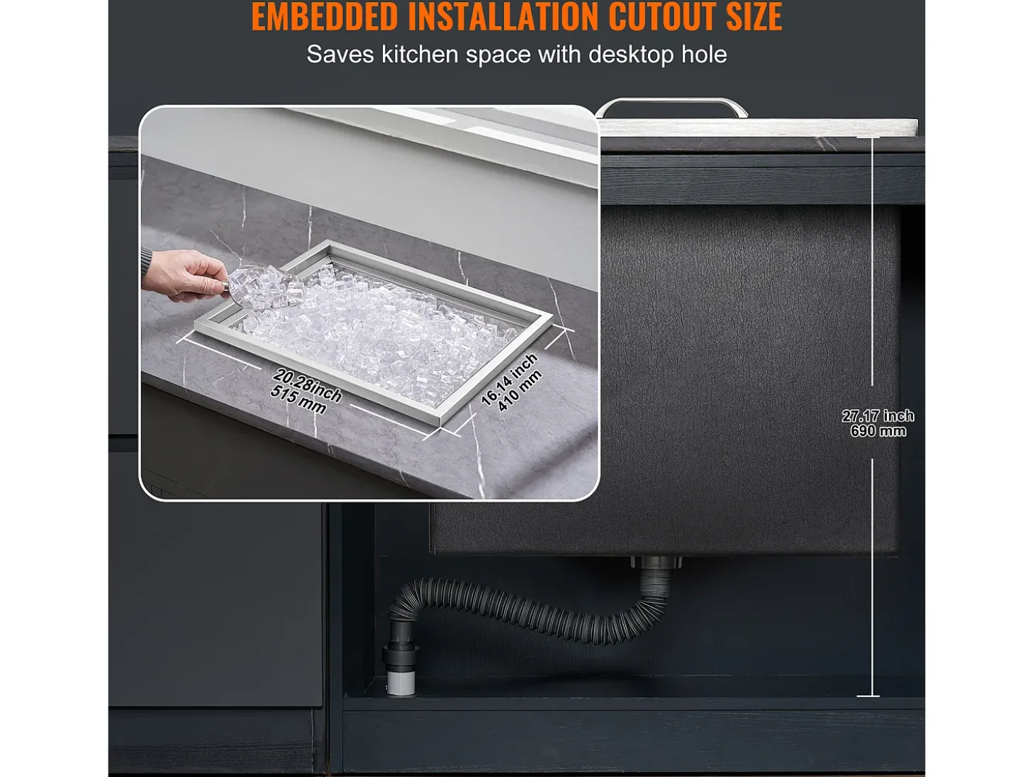 Geladeira Embutida SucceBuy, 53 x 43 x 46 cm, Baldes de Gelo de Aço Inoxidável com Tampa, Bar de Gelados para Cozinha Exterior