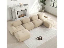 Grande sofá angular modular 388cm - de Veludo cotelê - com 4 almofadas e 2 puffs - ergonómico - Bege