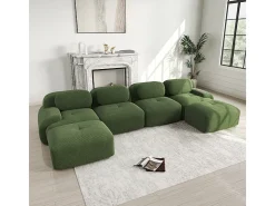 Grande sofá angular modular 388cm - de Veludo cotelê - com 4 almofadas e 2 puffs - ergonómico - Verde