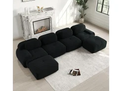 Grande sofá angular modular 388cm - de Veludo cotelê - com 4 almofadas e 2 puffs - ergonómico - Preto