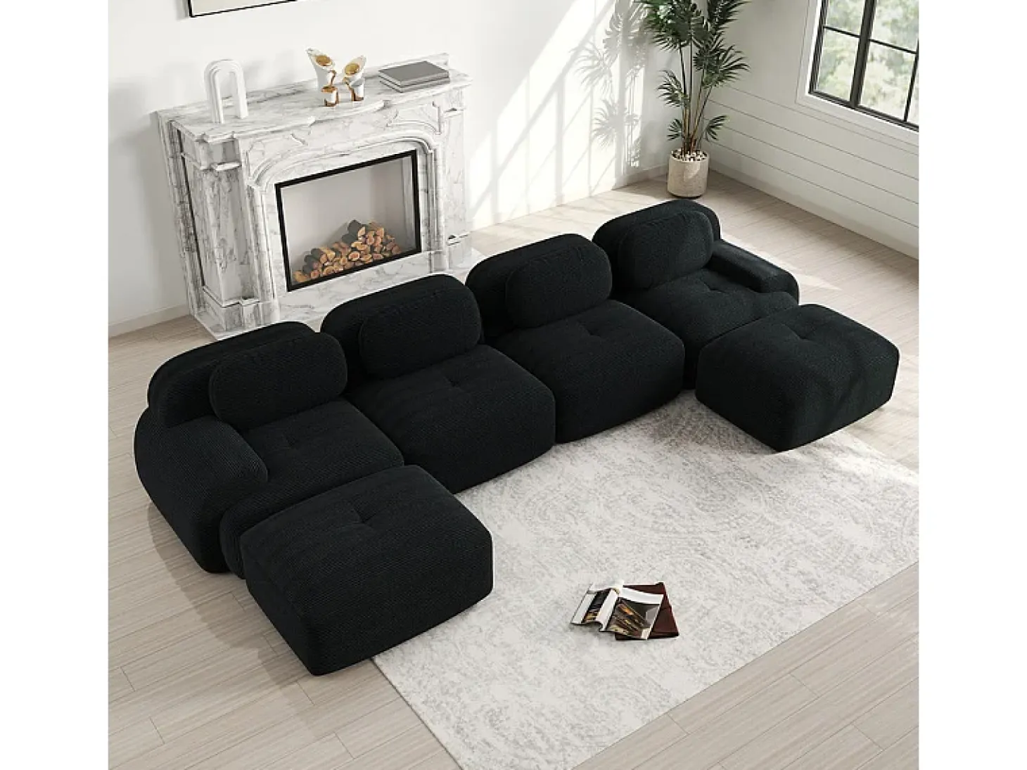 Grande sofá angular modular 388cm - de Veludo cotelê - com 4 almofadas e 2 puffs - ergonómico - Preto