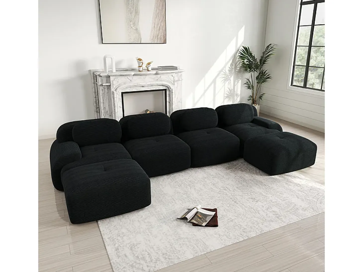 Grande sofá angular modular 388cm - de Veludo cotelê - com 4 almofadas e 2 puffs - ergonómico - Preto