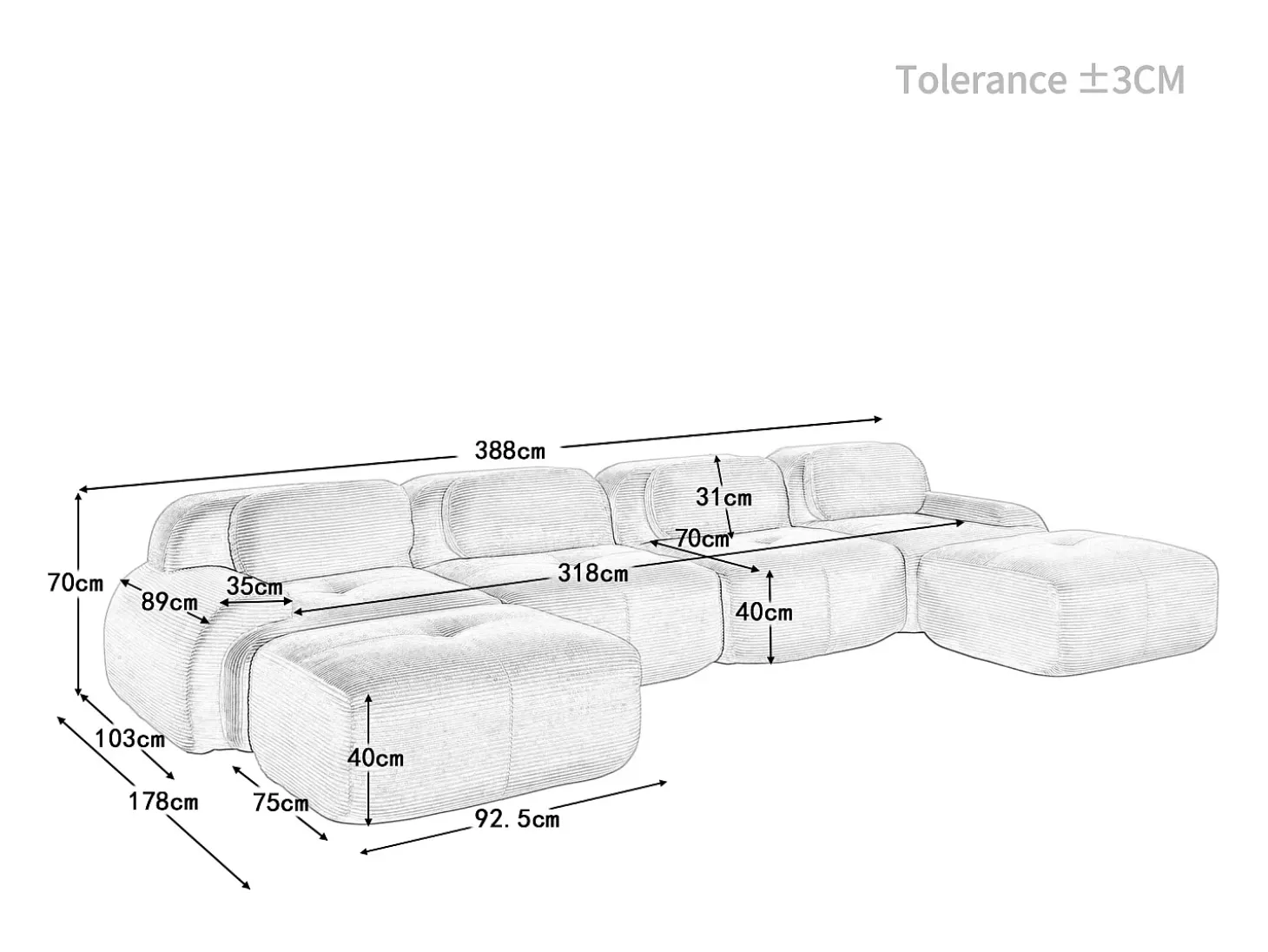 Grande sofá angular modular 388cm - de Veludo cotelê - com 4 almofadas e 2 puffs - ergonómico - Preto