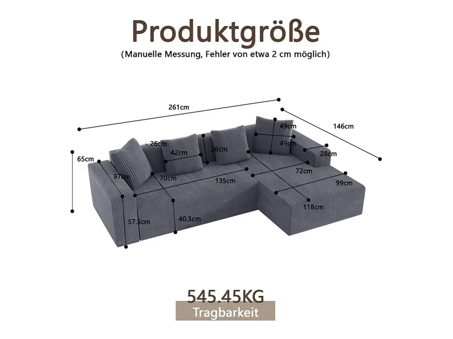 Grande sofá angular reto modular, de veludo cotelê, com 4 almofadas, montagem não necessária, 261x146x65cm, Cinza