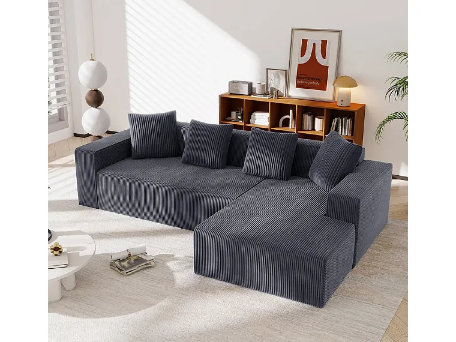 Grande sofá angular reto modular, de veludo cotelê, com 4 almofadas, montagem não necessária, 261x146x65cm, Cinza