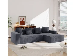 Grande sofá angular reto modular, de veludo cotelê, com 4 almofadas, montagem não necessária, 261x146x65cm, Cinza