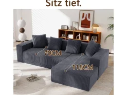 Grande sofá angular reto modular, de veludo cotelê, com 4 almofadas, montagem não necessária, 261x146x65cm, Cinza