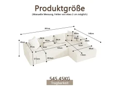 Grande sofá angular reto modular, de veludo cotelê, com 4 almofadas, montagem não necessária, 261x146x65cm, Branco