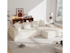 Grande sofá angular reto modular, de veludo cotelê, com 4 almofadas, montagem não necessária, 261x146x65cm, Branco