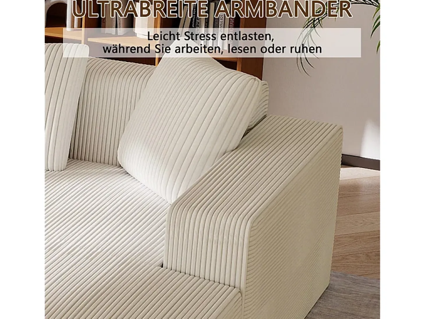 Grande sofá angular reto modular, de veludo cotelê, com 4 almofadas, montagem não necessária, 261x146x65cm, Branco