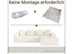 Grande sofá angular reto modular, de veludo cotelê, com 4 almofadas, montagem não necessária, 261x146x65cm, Branco