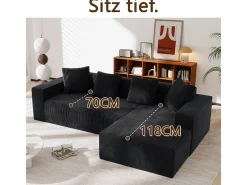 Grande sofá angular reto modular, de veludo cotelê, com 4 almofadas, montagem não necessária, 261x146x65cm, Preto