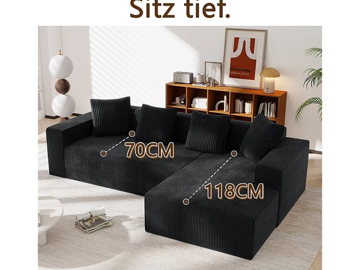 Grande sofá angular reto modular, de veludo cotelê, com 4 almofadas, montagem não necessária, 261x146x65cm, Preto
