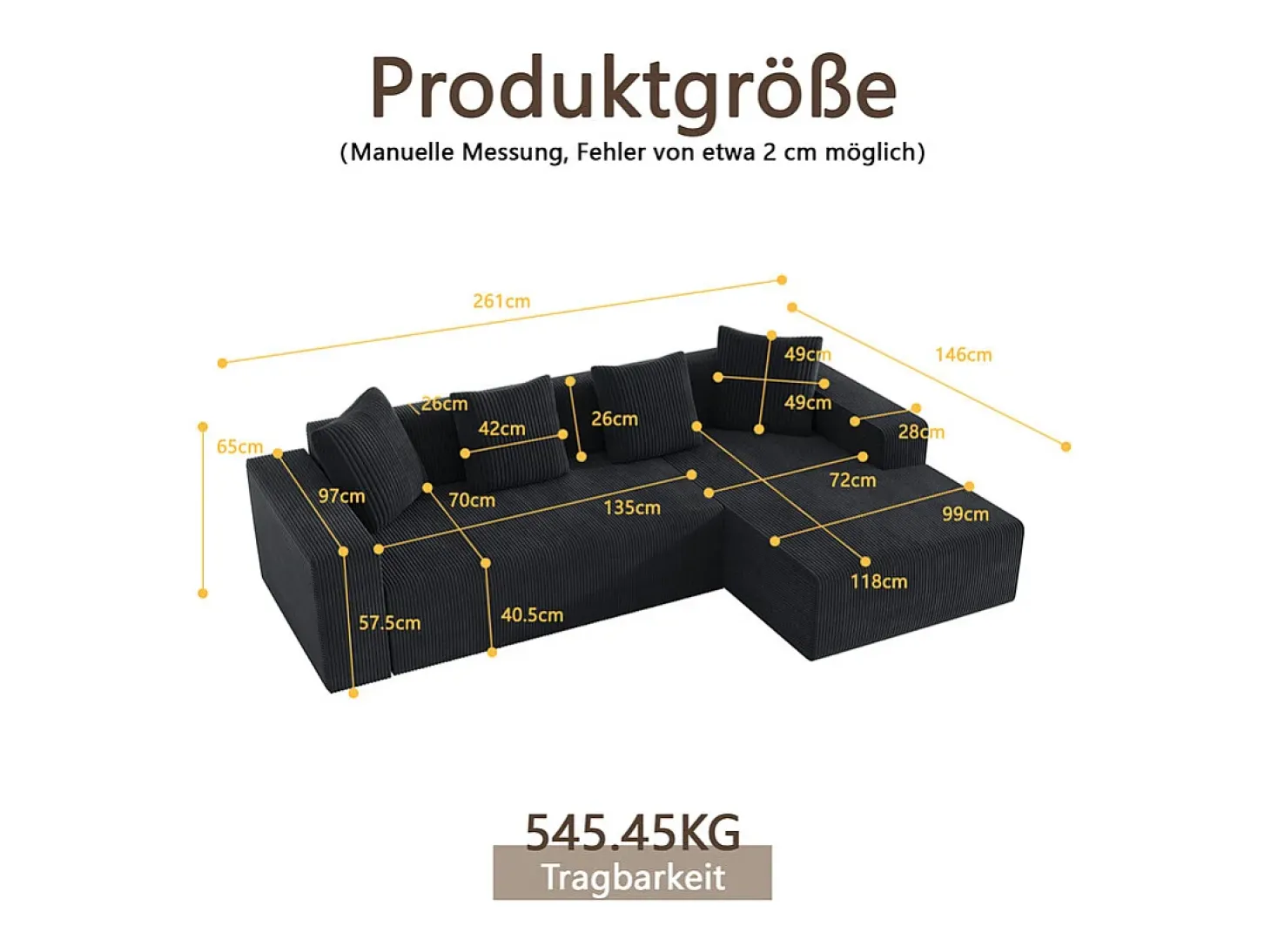 Grande sofá angular reto modular, de veludo cotelê, com 4 almofadas, montagem não necessária, 261x146x65cm, Preto