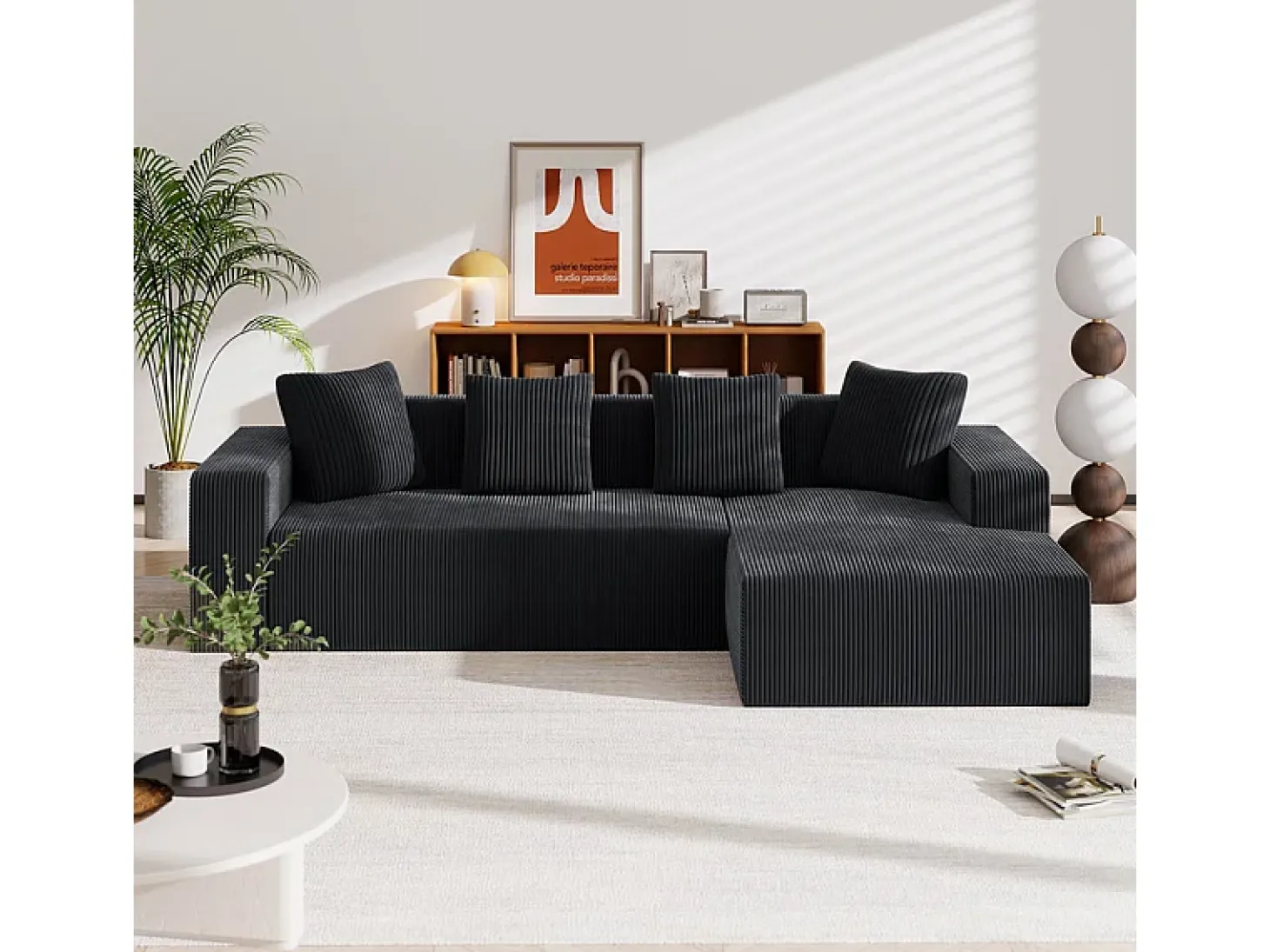 Grande sofá angular reto modular, de veludo cotelê, com 4 almofadas, montagem não necessária, 261x146x65cm, Preto