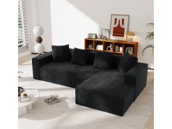 Grande sofá angular reto modular, de veludo cotelê, com 4 almofadas, montagem não necessária, 261x146x65cm, Preto