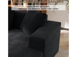 Grande sofá angular reto modular, de veludo cotelê, com 4 almofadas, montagem não necessária, 261x146x65cm, Preto