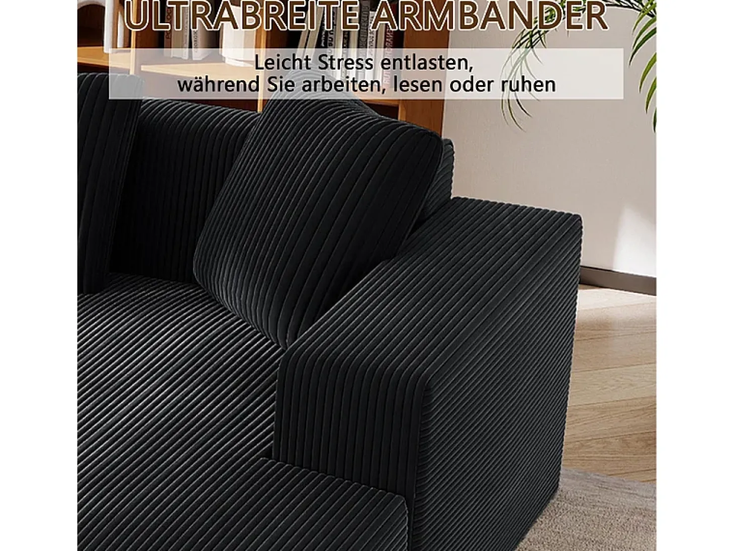 Grande sofá angular reto modular, de veludo cotelê, com 4 almofadas, montagem não necessária, 261x146x65cm, Preto