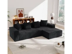 Grande sofá angular reto modular, de veludo cotelê, com 4 almofadas, montagem não necessária, 261x146x65cm, Preto