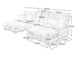 Grande sofá canto modular - 3 lugares - com 2 puff e 5 almofadas - tecido pelúcia cinza - 313x145x81cm