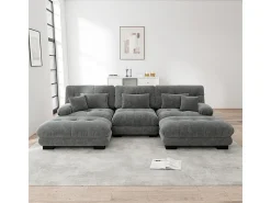 Grande sofá canto modular - 3 lugares - com 2 puff e 5 almofadas - tecido pelúcia cinza - 313x145x81cm