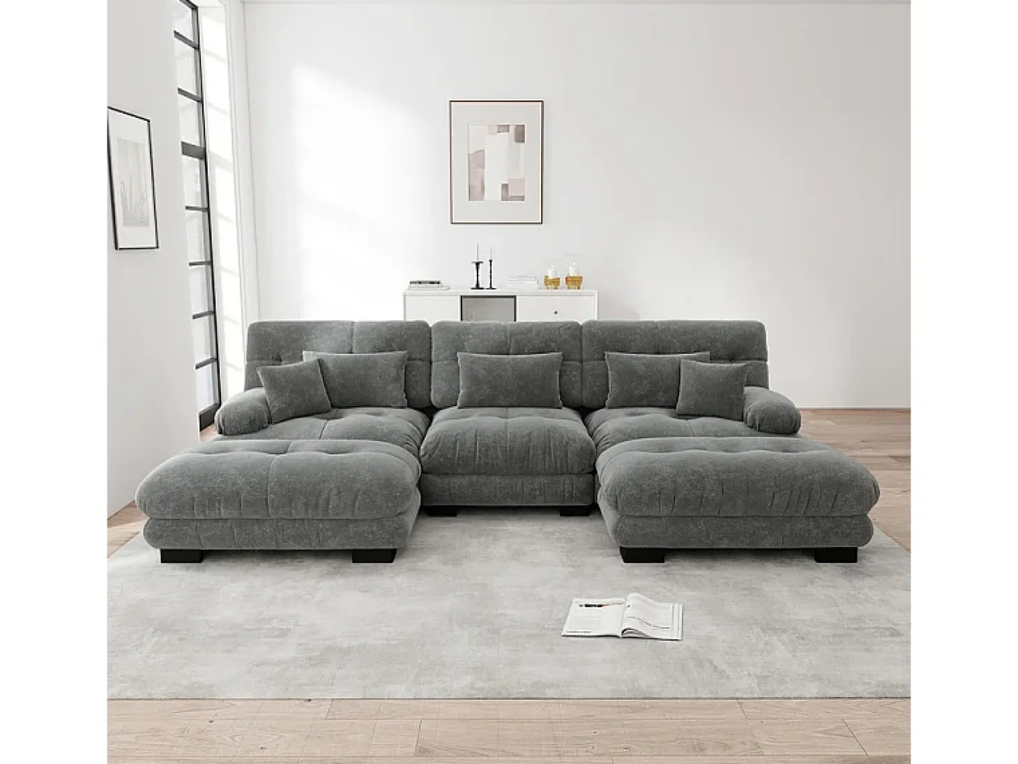 Grande sofá canto modular - 3 lugares - com 2 puff e 5 almofadas - tecido pelúcia cinza - 313x145x81cm