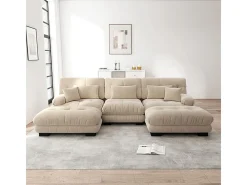 Grande sofá canto modular - 3 lugares - com 2 puff e 5 almofadas - tecido pelúcia bege - 313x145x81cm