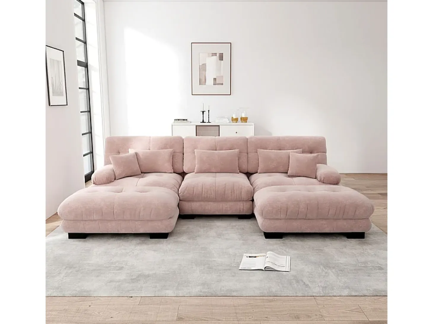 Grande sofá canto modular - 3 lugares - com 2 puff e 5 almofadas - tecido pelúcia rosa - 313x145x81cm
