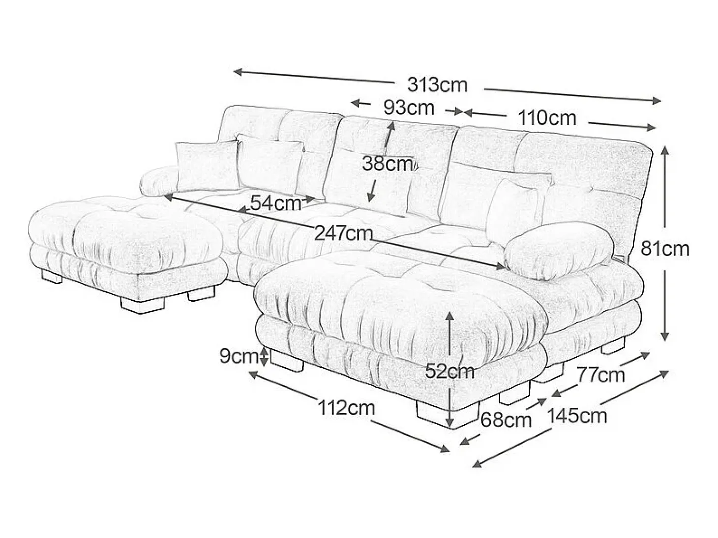 Grande sofá canto modular - 3 lugares - com 2 puff e 5 almofadas - tecido pelúcia rosa - 313x145x81cm