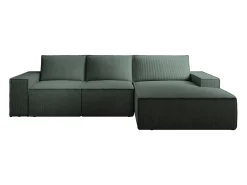 Grande sofá de canto direito convertível veludo canelado verde pinheiro AMELIA