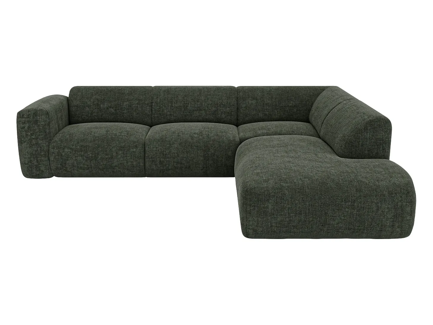 Grande sofá de canto direito com encosto chaise longue em tecido mescla verde POGNI Maison Céphy