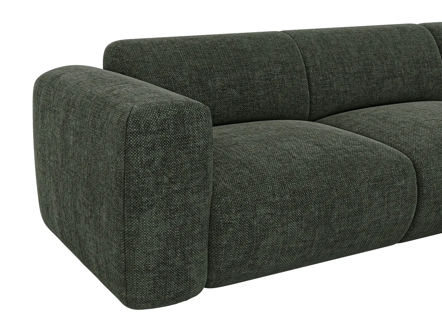 Grande sofá de canto direito com encosto chaise longue em tecido mescla verde POGNI Maison Céphy