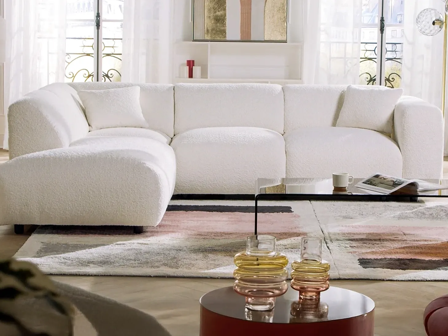 Grande sofá de canto esquerdo com encosto chaise-longue tecido bouclé POGNI Maison Céphy