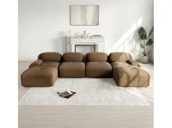 Grande sofá de canto modular 388cm - em Veludo cotelê - com 4 almofadas e 2 puffs - ergonômico - Marrom