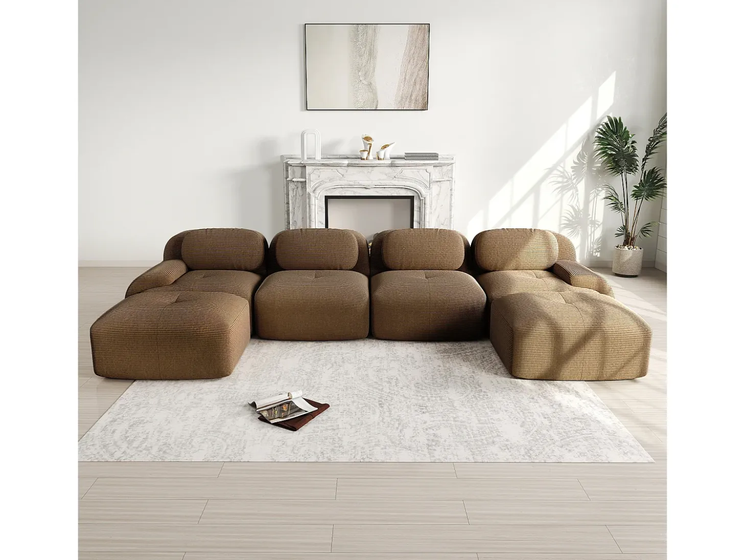 Grande sofá de canto modular 388cm - em Veludo cotelê - com 4 almofadas e 2 puffs - ergonômico - Marrom