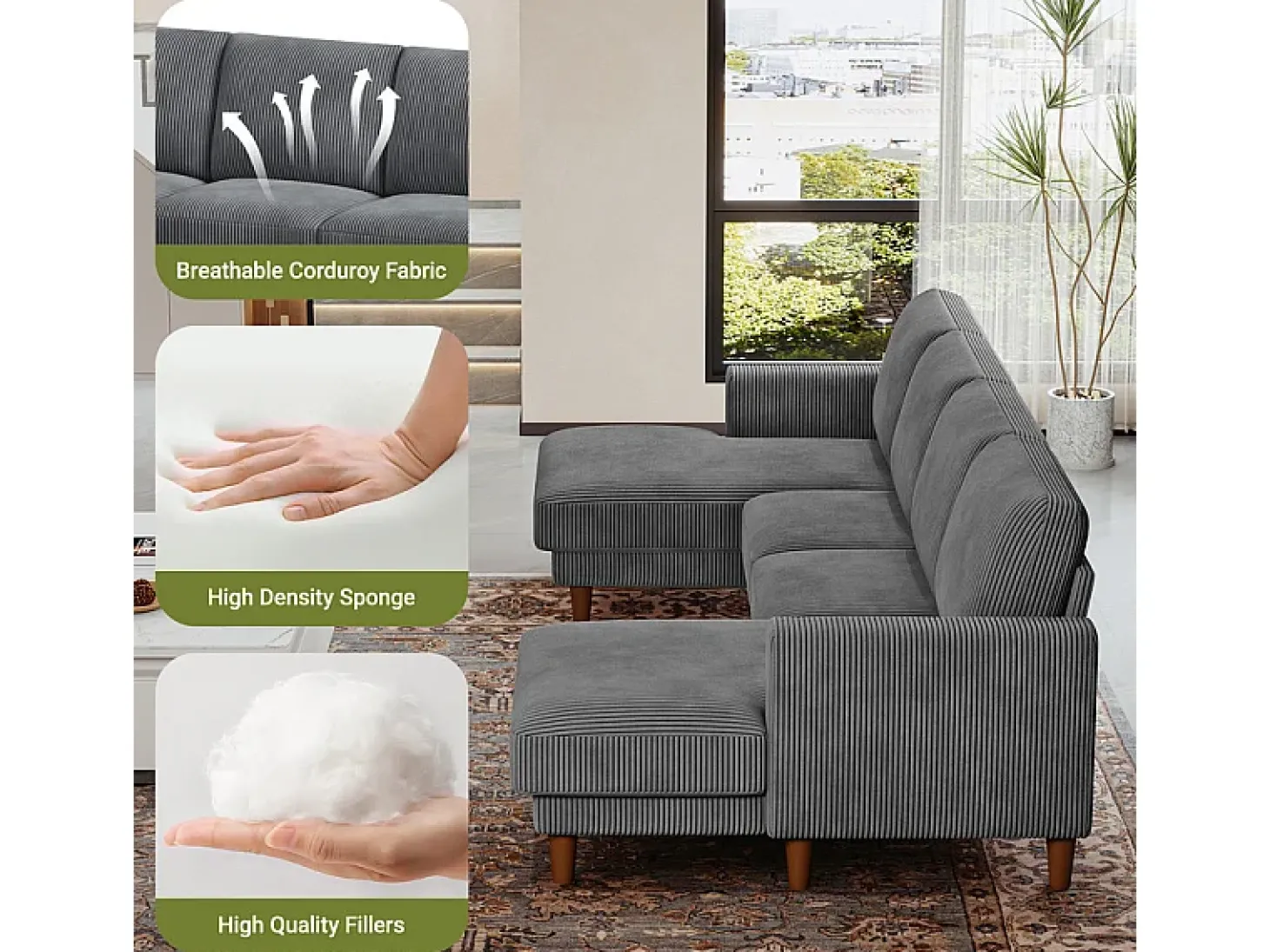 Grande sofá de canto panorâmico - 4 lugares - chaise longue 109cm - de veludo cotelê - 269x140x86 - Cinza