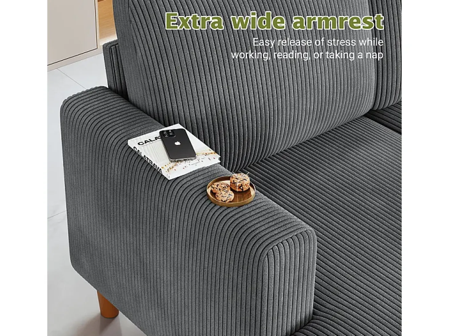 Grande sofá de canto panorâmico - 4 lugares - chaise longue 109cm - de veludo cotelê - 269x140x86 - Cinza