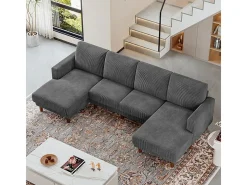 Grande sofá de canto panorâmico - 4 lugares - chaise longue 109cm - de veludo cotelê - 269x140x86 - Cinza