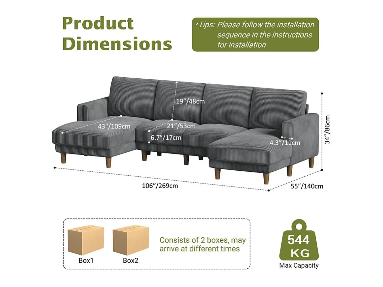 Grande sofá de canto panorâmico - 4 lugares - chaise longue 109cm - de veludo cotelê - 269x140x86 - Cinza