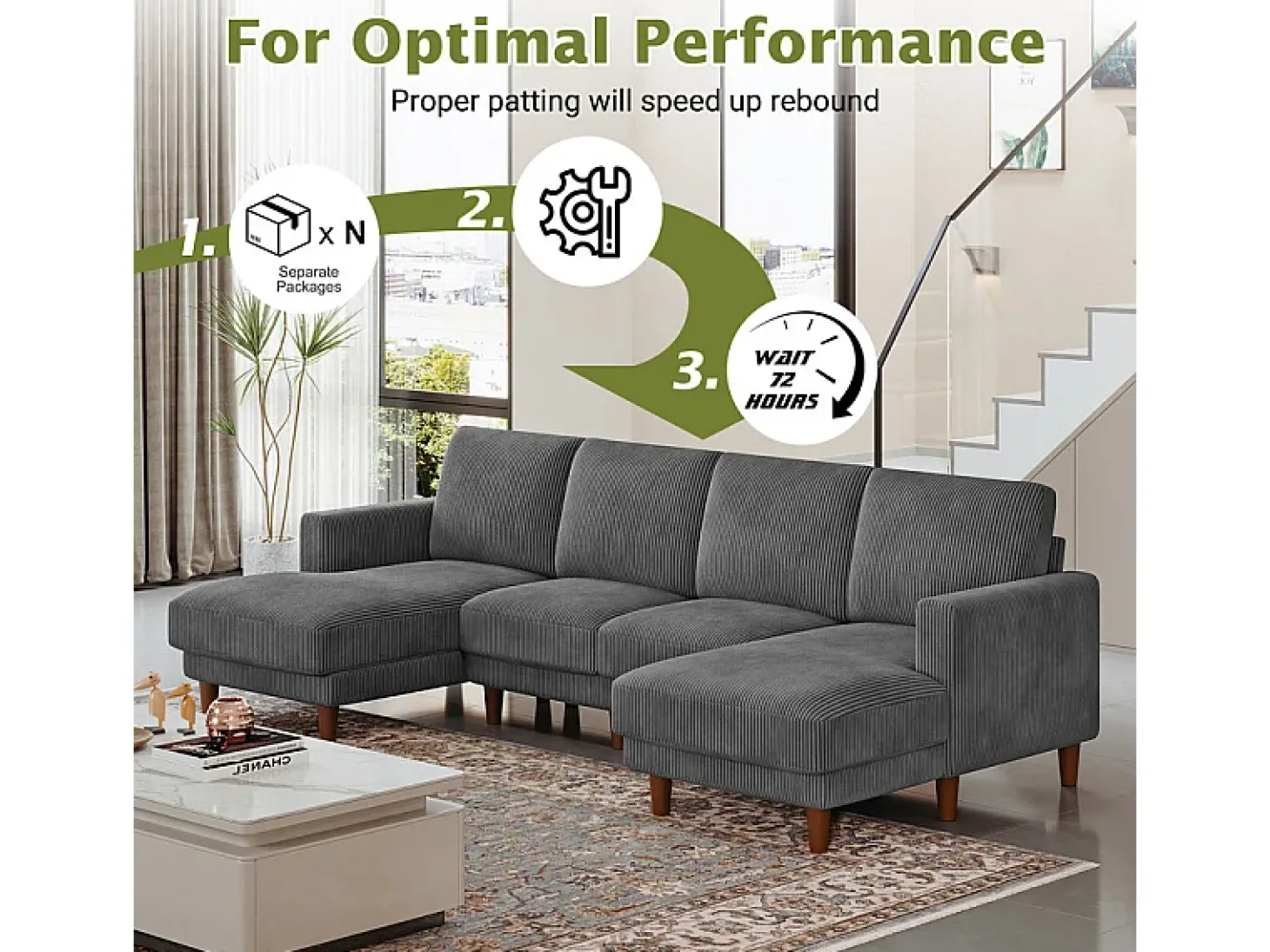 Grande sofá de canto panorâmico - 4 lugares - chaise longue 109cm - de veludo cotelê - 269x140x86 - Cinza