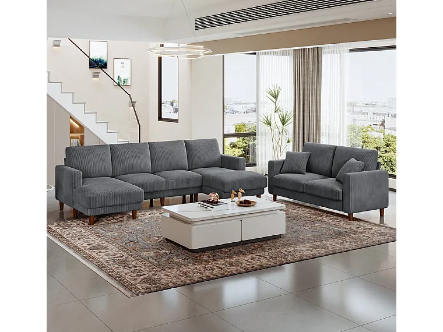 Grande sofá de canto panorâmico - 4 lugares - chaise longue 109cm - de veludo cotelê - 269x140x86 - Cinza