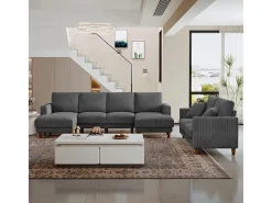 Grande sofá de canto panorâmico - 4 lugares - chaise longue 109cm - de veludo cotelê - 269x140x86 - Cinza