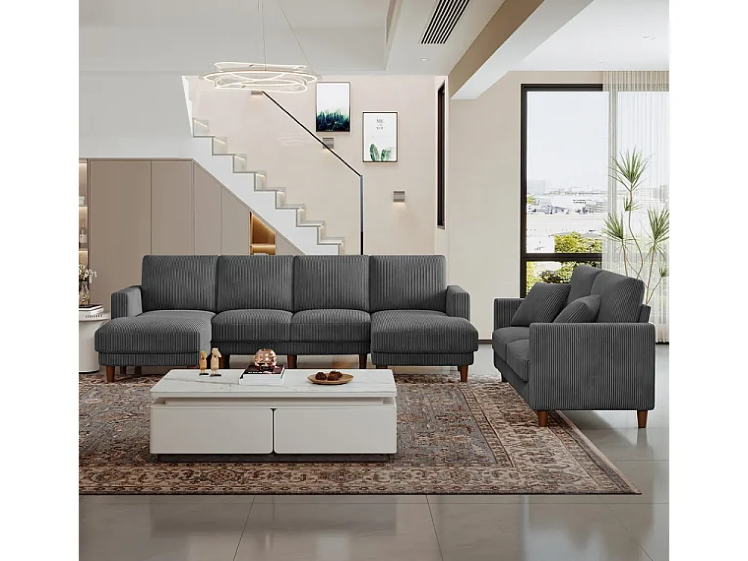 Grande sofá de canto panorâmico - 4 lugares - chaise longue 109cm - de veludo cotelê - 269x140x86 - Cinza