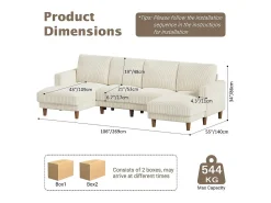 Grande sofá de canto panorâmico - 4 lugares - chaise longue 109cm - de veludo cotelê - 269x140x86 - Bege