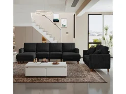 Grande sofá de canto panorâmico - 4 lugares - chaise longue 109cm - de veludo cotelê - 269x140x86 - Preto