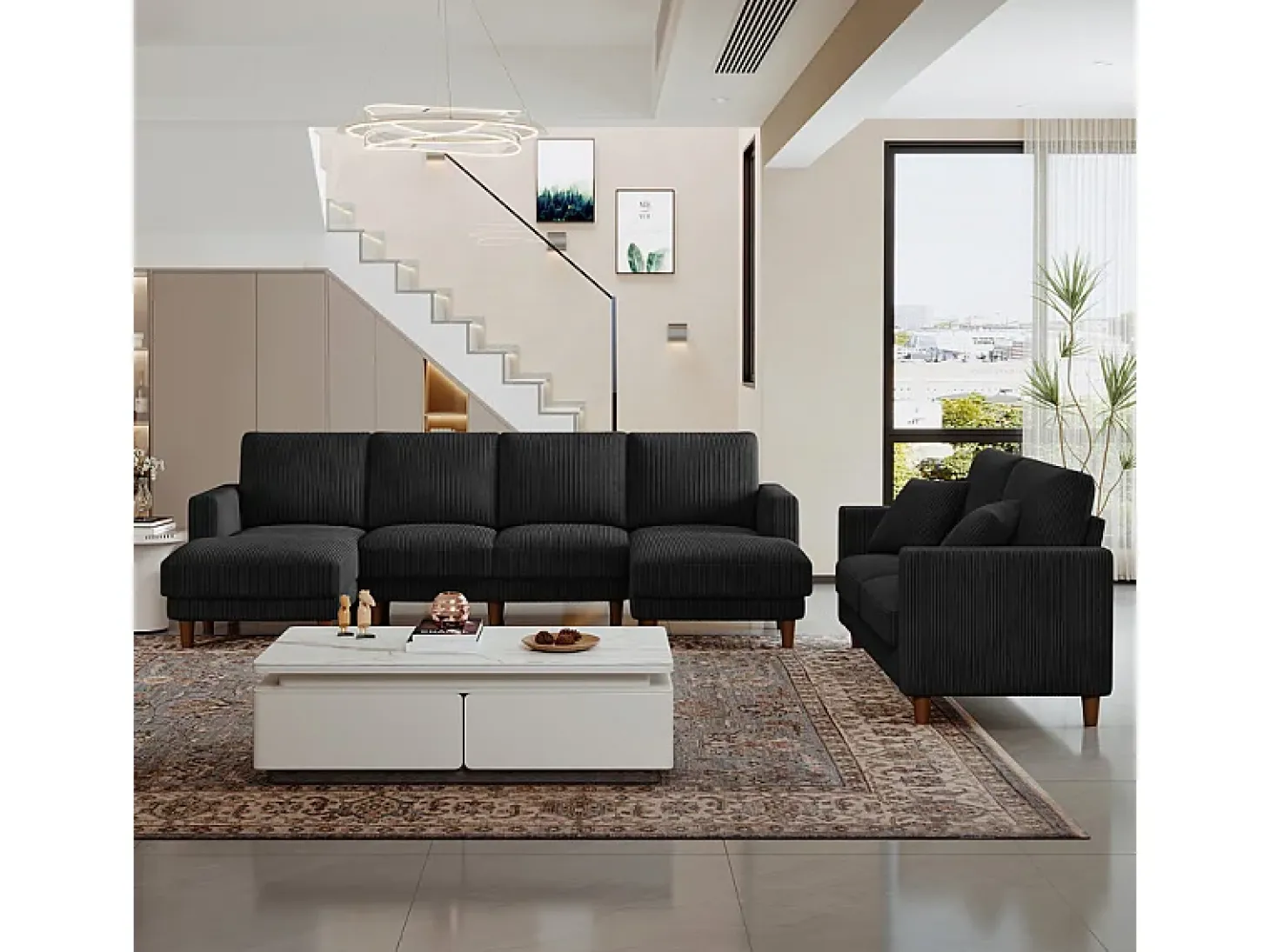 Grande sofá de canto panorâmico - 4 lugares - chaise longue 109cm - de veludo cotelê - 269x140x86 - Preto