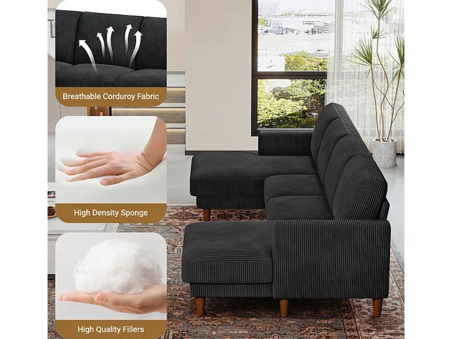 Grande sofá de canto panorâmico - 4 lugares - chaise longue 109cm - de veludo cotelê - 269x140x86 - Preto
