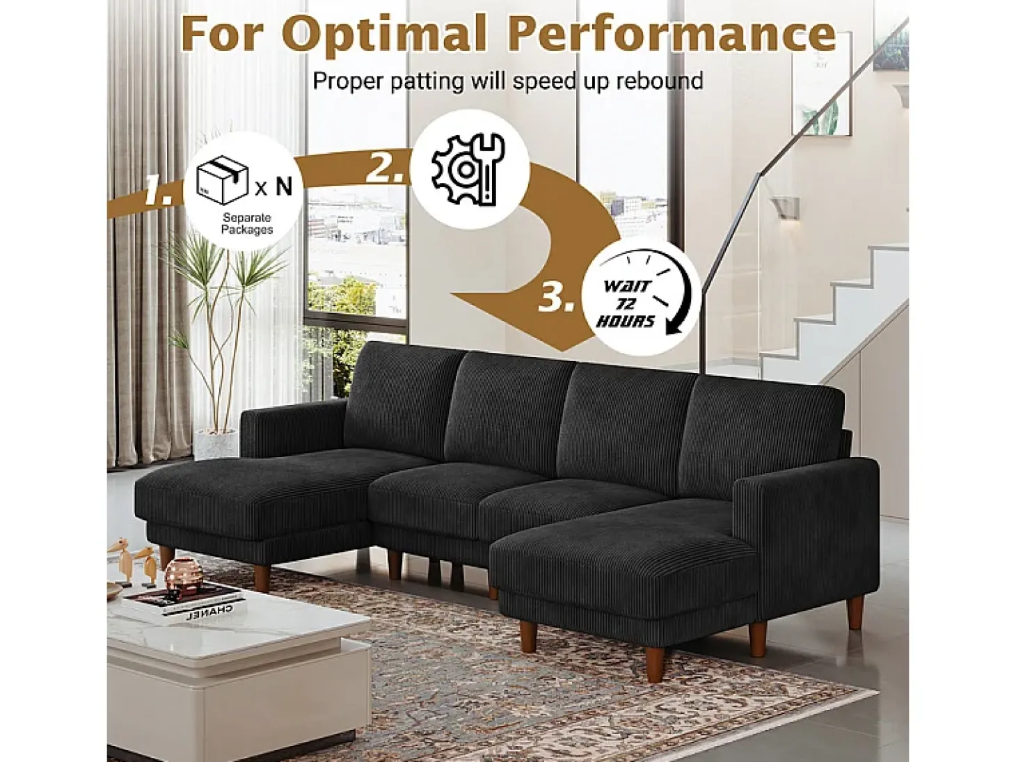 Grande sofá de canto panorâmico - 4 lugares - chaise longue 109cm - de veludo cotelê - 269x140x86 - Preto