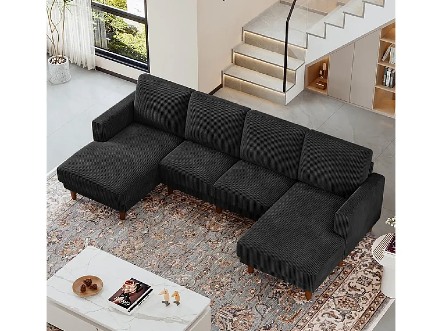 Grande sofá de canto panorâmico - 4 lugares - chaise longue 109cm - de veludo cotelê - 269x140x86 - Preto