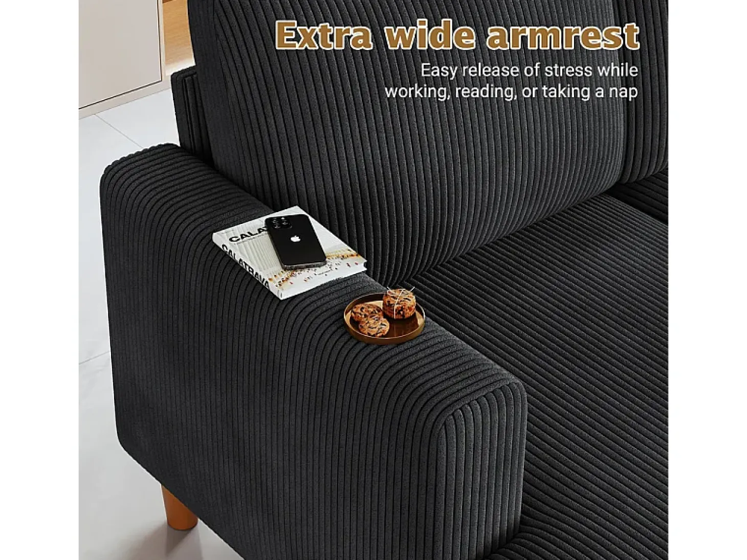 Grande sofá de canto panorâmico - 4 lugares - chaise longue 109cm - de veludo cotelê - 269x140x86 - Preto